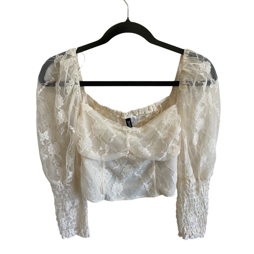 H&M Divided White Lace Milkmaid Crop Top Long Smocked Sleeve Cottagecore